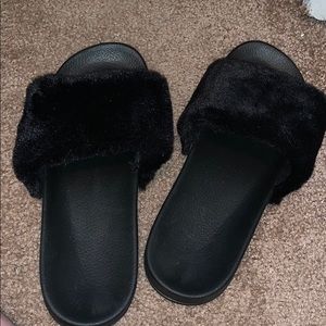 Black fuzzy slides